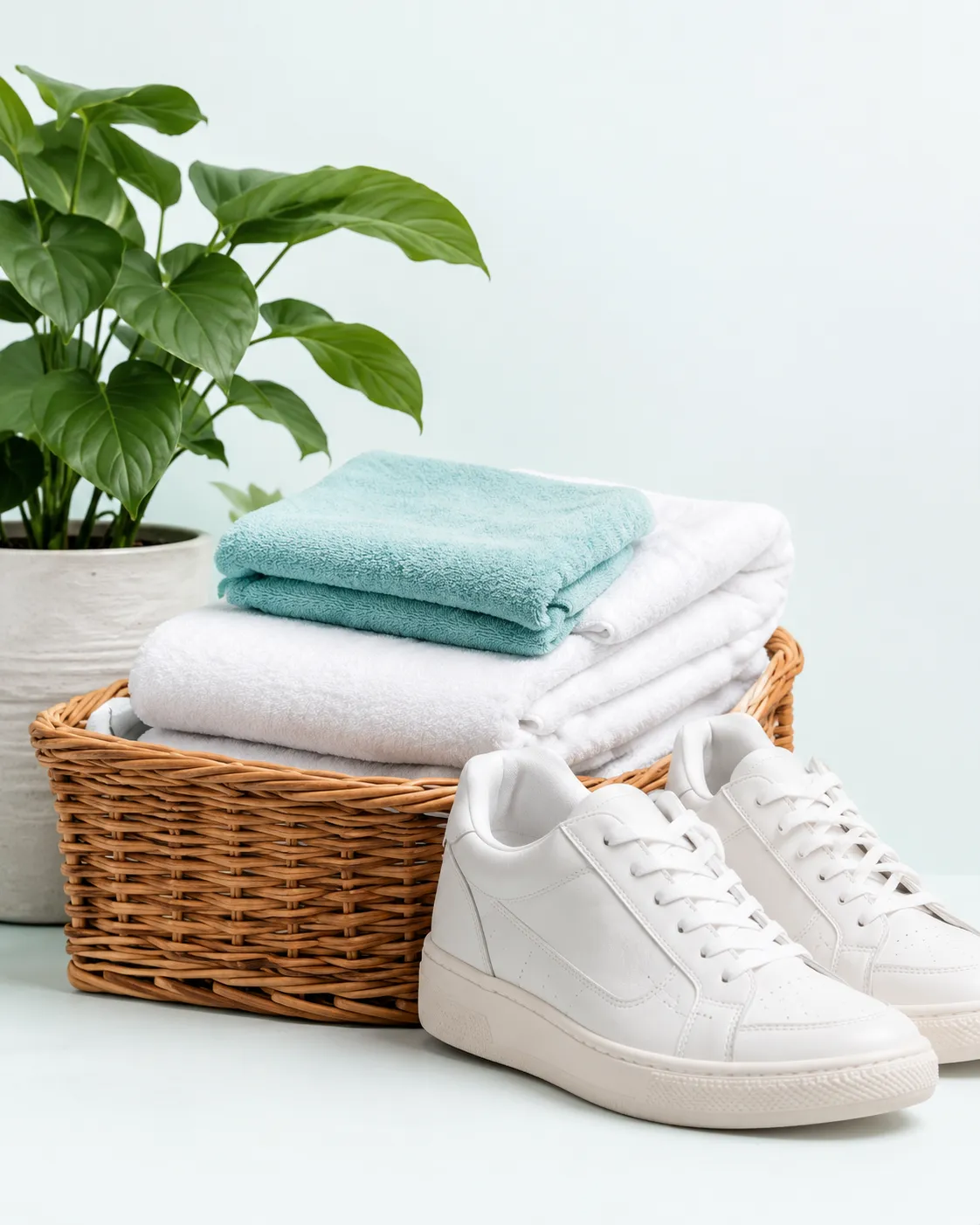 White sneakers with folded towels and a laundry basket