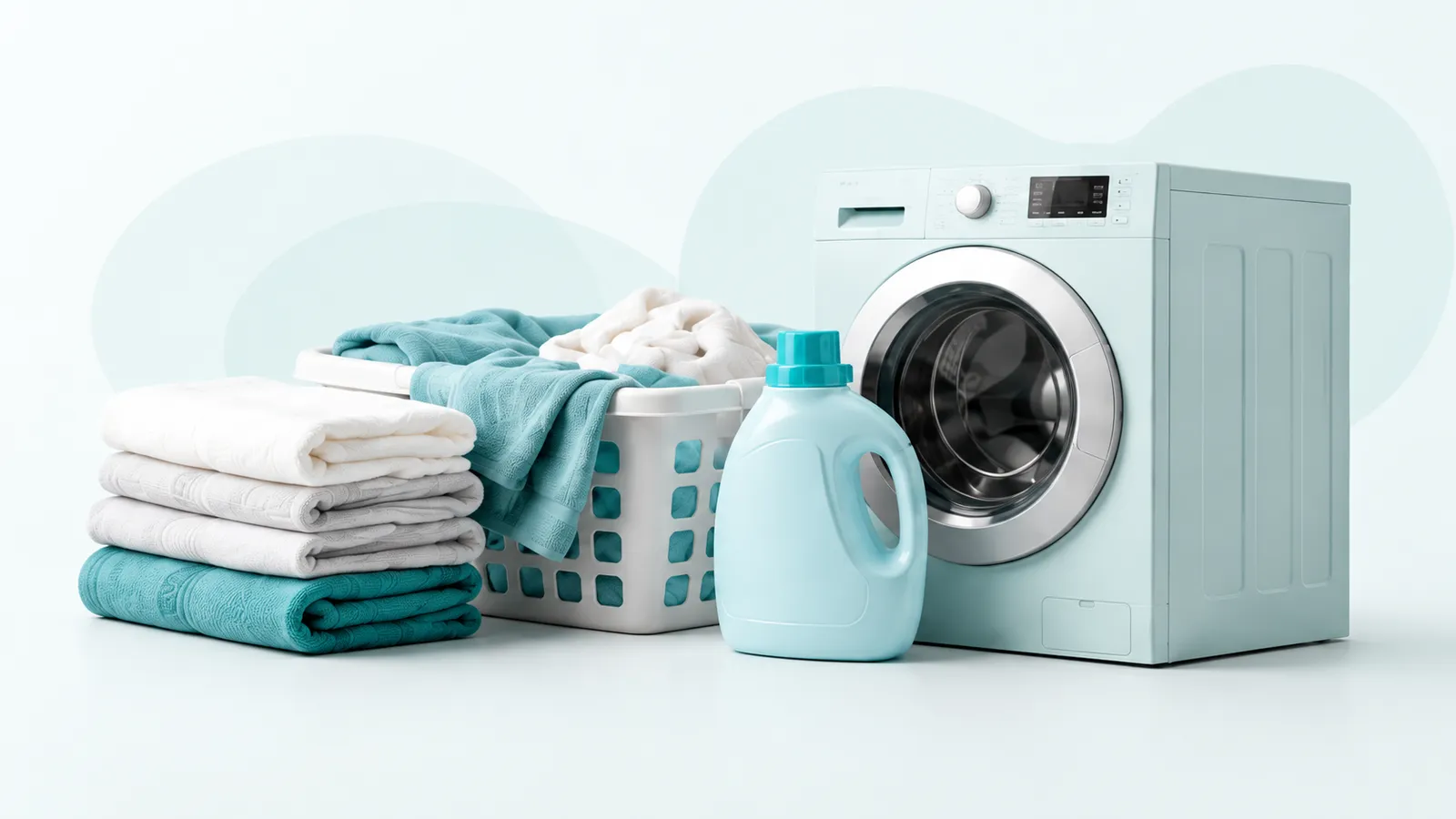 Washing machine, laundry basket, detergent and folded towels