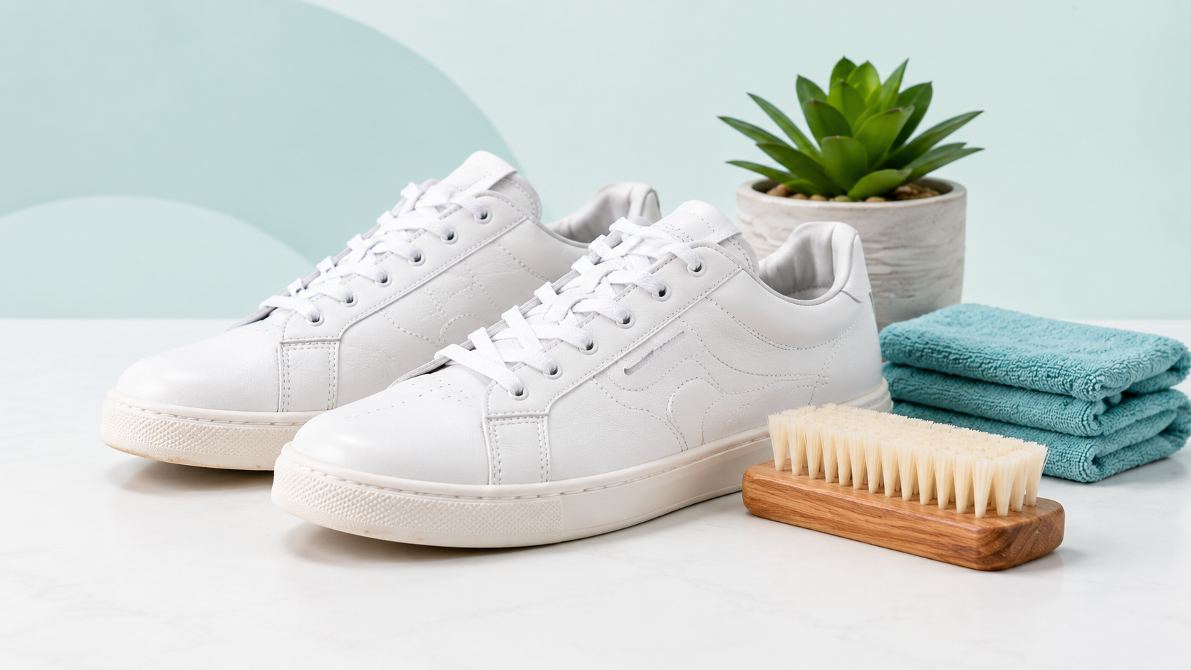 White shoes with a cleaning brush and folded towels