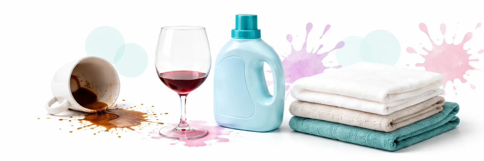 Coffee, wine, detergent and folded fabrics representing common stains